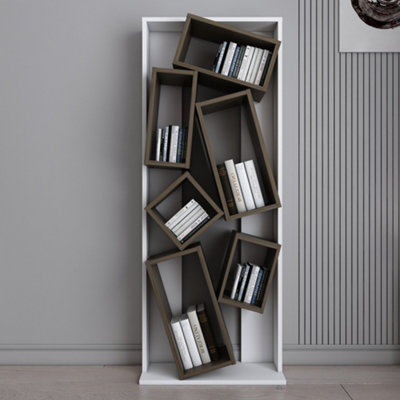 Decorotika Carmen Assymetrical Design Bookshelf, Shelving Unit, Display Unit with 6 Shelves - White and Oak Pattern