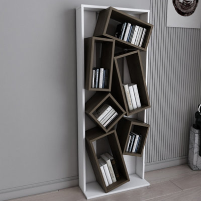Decorotika Carmen Assymetrical Design Bookshelf, Shelving Unit, Display Unit with 6 Shelves - White and Oak Pattern