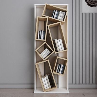Decorotika Carmen Assymetrical Design Bookshelf Shelving Unit Display Unit with 6 Shelves White and Oak Pattern