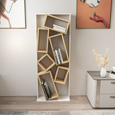 Decorotika Carmen Assymetrical Design Bookshelf, Shelving Unit, Display Unit with 6 Shelves White & Sapphire Oak