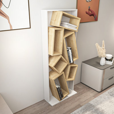 Decorotika Carmen Assymetrical Design Bookshelf, Shelving Unit, Display Unit with 6 Shelves White & Sapphire Oak