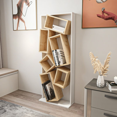 Decorotika Carmen Assymetrical Design Bookshelf, Shelving Unit, Display Unit with 6 Shelves White & Sapphire Oak