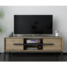 Decorotika Eslem TV Stand, TV Cabinet, TV Unit with Two Shelves and Two Cabinets - Oud Oak Pattern and Black