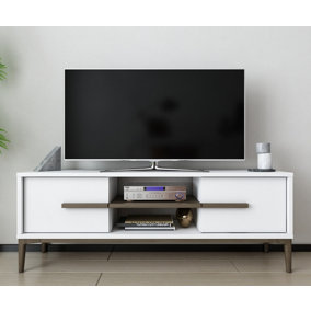 Decorotika Eslem TV Stand, TV Cabinet, TV Unit with Two Shelves and Two Cabinets - White and Walnut Pattern