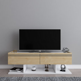 Decorotika Kase TV Stand TV Cabinet TV Unit with Three Shelves and Two Cabinets - White and Oak Pattern
