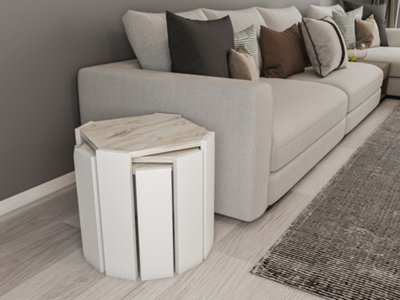 Decorotika Lori 3-Pieces Nesting Table Coffee Table Cocktail Table Set (White Marble Effect and White)