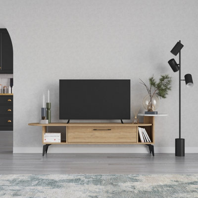 Decortie Ada Modern TV Unit Multimedia Centre Oak White Marble Effect with Storage TV Cabinet 188cm