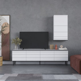 Decortie Arya Modern Tv Unit White With Wall Storage Unit 180cm