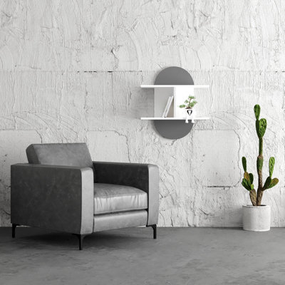 Decortie Auro Modern Oval Floating Wall Shelf Compact Design White Anthracite Grey 74cm
