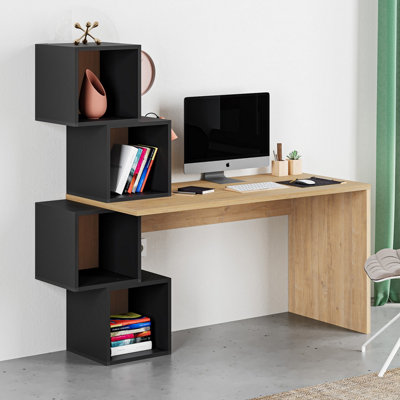 Decortie Balance Modern Desk Oak, Silky Black, Oak with Shelves 153.5(W)cm