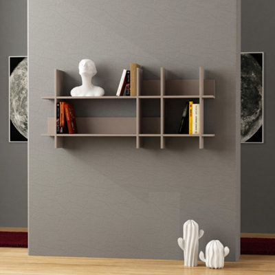 Decortie Beads Modern Wall Mounted Bookcase 6 Compartment Slim Design Storage Shelf Mocha Grey 150cm