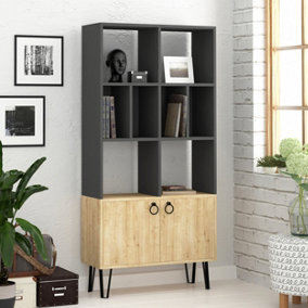 Decortie Bene Modern Bookcase Display Unit Anthracite Grey Natural Oak Effect Tall 166cm