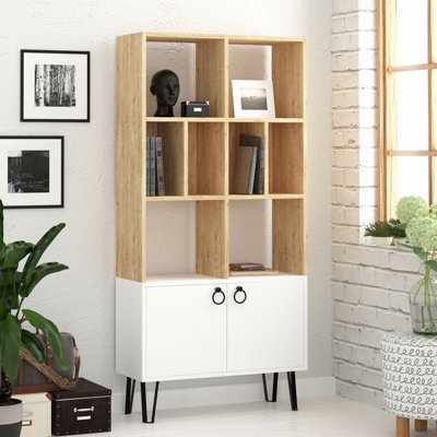 Decortie Bene Modern Bookcase Display Unit Natural Oak Effect White Tall 166cm