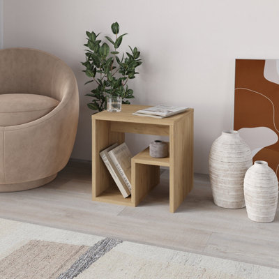 Decortie Bon Square End Table Open Shelf Storage, G-Shaped Coffee Table 40x40cm Chipboard for Living Room Bedroom (Oak)