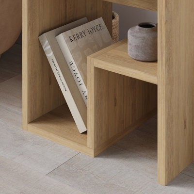 Decortie Bon Square End Table Open Shelf Storage, G-Shaped Coffee Table 40x40cm Chipboard for Living Room Bedroom (Oak)