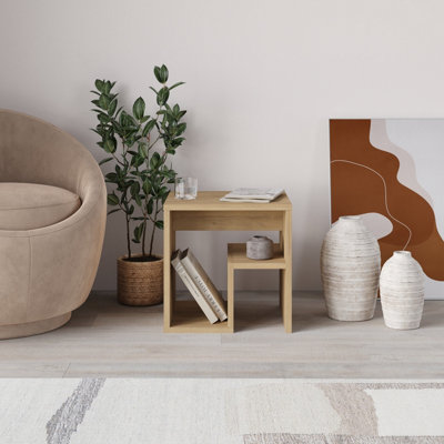 Decortie Bon Square End Table Open Shelf Storage, G-Shaped Coffee Table 40x40cm Chipboard for Living Room Bedroom (Oak)