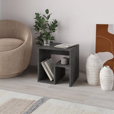 Decortie Bon Square End Table Open Shelf Storage, G-Shaped Coffee Table 40x40cm Chipboard for Living Room Bedroom (Retro Grey)