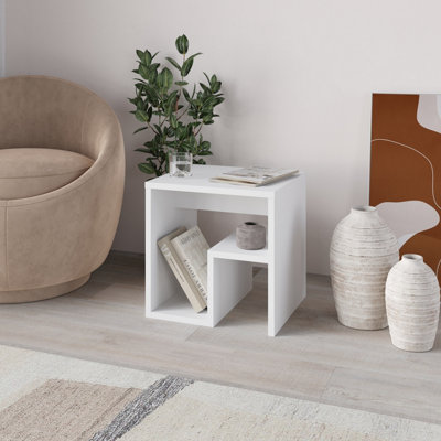 Decortie Bon Square End Table Open Shelf Storage, G-Shaped Coffee Table 40x40cm Chipboard for Living Room Bedroom (White)