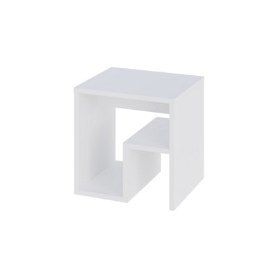 Decortie Bon Square End Table Open Shelf Storage, G-Shaped Coffee Table 40x40cm Chipboard for Living Room Bedroom (White)