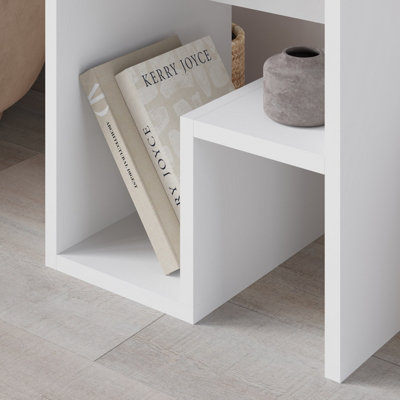 Decortie Bon Square End Table Open Shelf Storage, G-Shaped Coffee Table 40x40cm Chipboard for Living Room Bedroom (White)