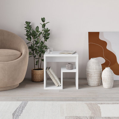 Decortie Bon Square End Table Open Shelf Storage, G-Shaped Coffee Table 40x40cm Chipboard for Living Room Bedroom (White)