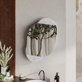 Decortie Cloudy Unique Mirrored Bathroom Cabinet Wall Mount Storage Cabinet with One Mirror Door, White Marble Effect
