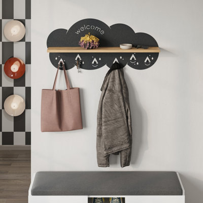 Decortie Cloudy Wall-Mounted Metal Hanger Oak Shelf with 6 Metal Hooks Welcome Cloud Shape Functional Storage Hanger Entryway