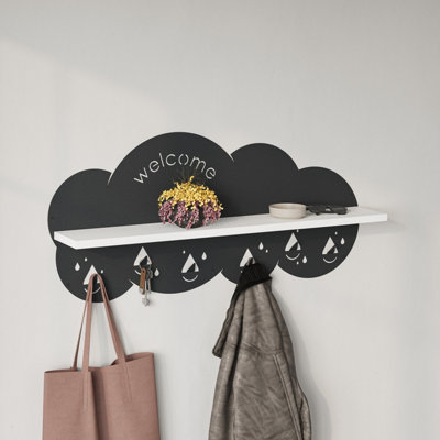 Decortie Cloudy Wall-Mounted Metal Hanger White Shelf with 6 Metal Hooks Welcome Cloud Shape Functional Storage Hanger Entryway