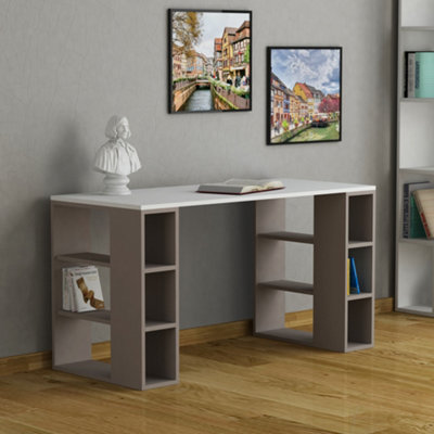 Decortie Colmar Modern Desk White Mocha Grey with Bookshelf Legs Width 140cm