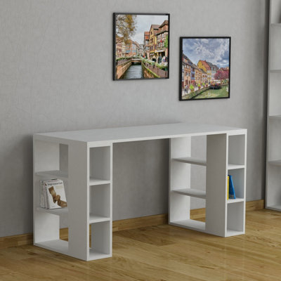 Decortie Colmar Modern Desk with Bookshelf Legs Home Office Working Table White 140cm