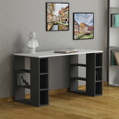 Decortie Colmar Modern Desk with Integrated 6-Shelf Bookshelf Storage White Anthracite Grey 140cm Width