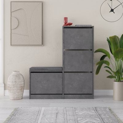 Decortie Dude Shoe Storage Bench 4 Drop Doors Cabinet Retro Grey 118.5cm DIY at B Q