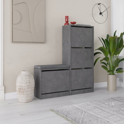 Decortie Dude Shoe Storage Bench 4 Drop Doors Cabinet Retro Grey 118.5cm DIY at B Q