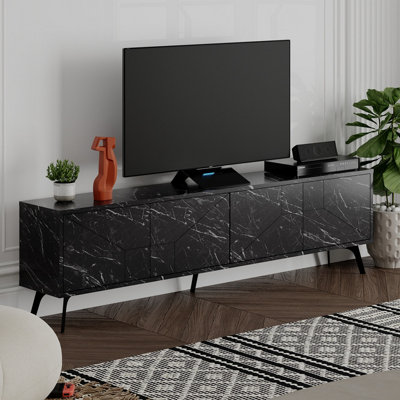 Decortie Dune Modern TV Unit Multimedia Centre Gloss Black Marble Effect with Storage TV Cabinet 180cm