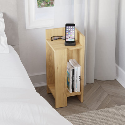 Decortie Elos Modern Narrow Bedside Table Nightstand 2-Piece Set Left Right Module 25cm Oak