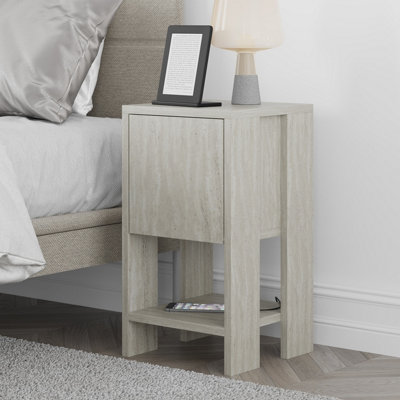 Decortie Ema Modern Bedside Table with Storage Drop-Door Cabinet Travertine 30cm Width