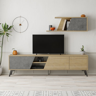 Decortie Fiona Modern Tv Unit Oak Retro Grey With Storage And Wall Shelf 180cm