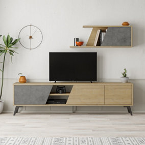 Decortie Fiona Modern Tv Unit Oak Retro Grey With Storage And Wall Shelf 180cm
