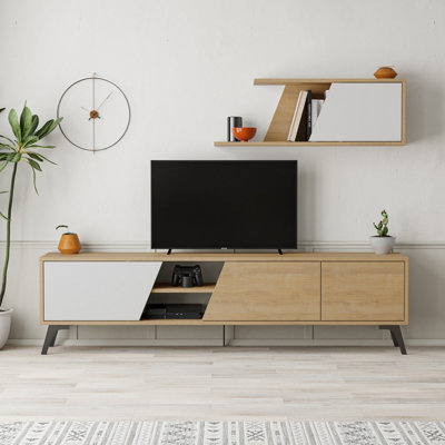 Decortie Fiona Modern TV Unit Oak White with Storage and Wall Shelf 180cm