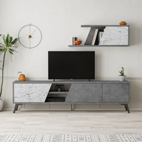 Decortie Fiona Modern Tv Unit Retro Grey White Marble Effect With Storage And Wall Shelf 180cm