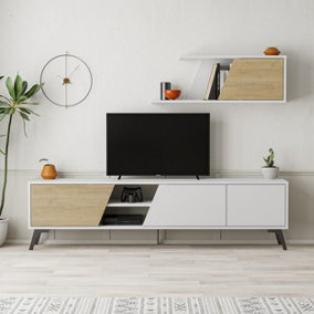 Decortie Fiona Modern Tv Unit White Oak With Storage And Wall Shelf 180cm