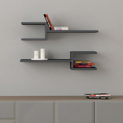 Decortie Fork Floating Wall Shelf  Anthracite Grey 2 Piece Set 18.2x75x19.6cm