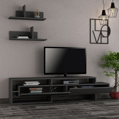 Decortie Gara Modern Tv Unit Anthracite Grey With Storage And Wall Shelf 180cm