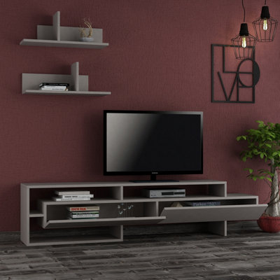 Decortie Gara Modern Tv Unit Mocha Grey With Storage And Wall Shelf 180cm
