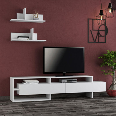 Decortie Gara Modern Tv Unit White With Storage And Wall Shelf 180cm ...