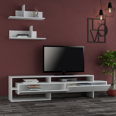 Decortie Gara Modern Tv Unit White With Storage And Wall Shelf 180cm