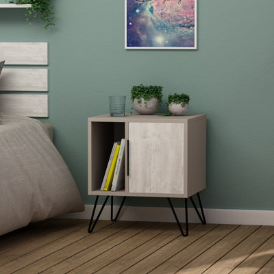 Decortie Glynn Modern Bedside Table Bedroom Nightstand with Metal Hairpin Legs Mocha Grey Ancient White 50.2cm