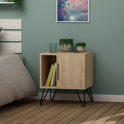 Decortie Glynn Modern Bedside Table Bedroom Nightstand with Metal Hairpin Legs Oak 50.2cm