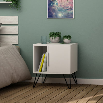 Decortie Glynn Modern Bedside Table Bedroom Nightstand with Metal Hairpin Legs White 50.2cm