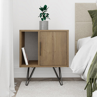 Decortie Glynn Modern Bedside Table with Metal Hairpin Legs Bedroom Nightstand with Storage Dark Oak Effect 50.2cm
